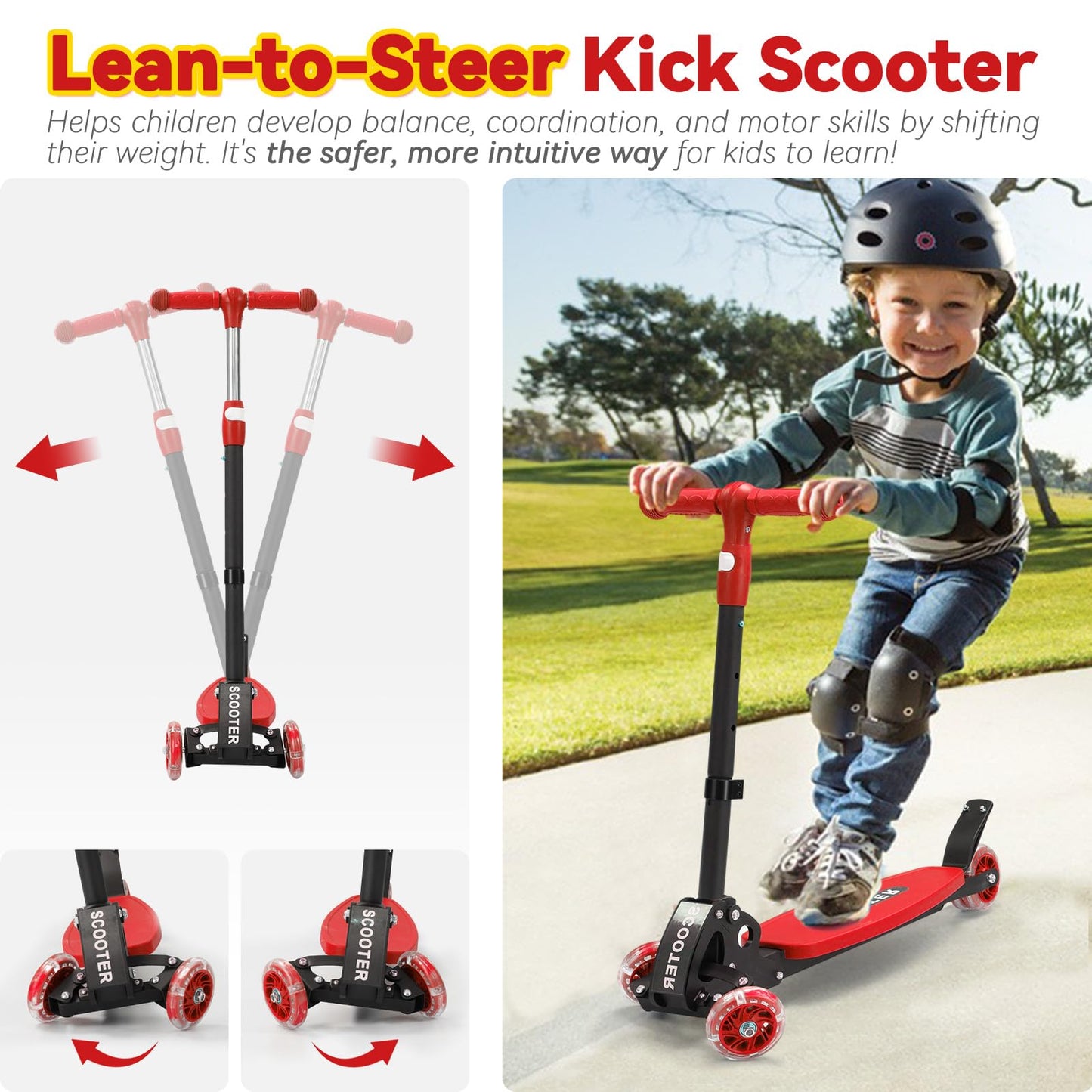 Scooter for Kids 3-12, Kid Scooters with Extra-Wide Deck, 165 lb Capacity, 3 Wheel Lean to Steer Kick Scooter and Height Adjustable Handlebar, Light Up Wheels for Stable Smooth Riding, Xmas Child Gift