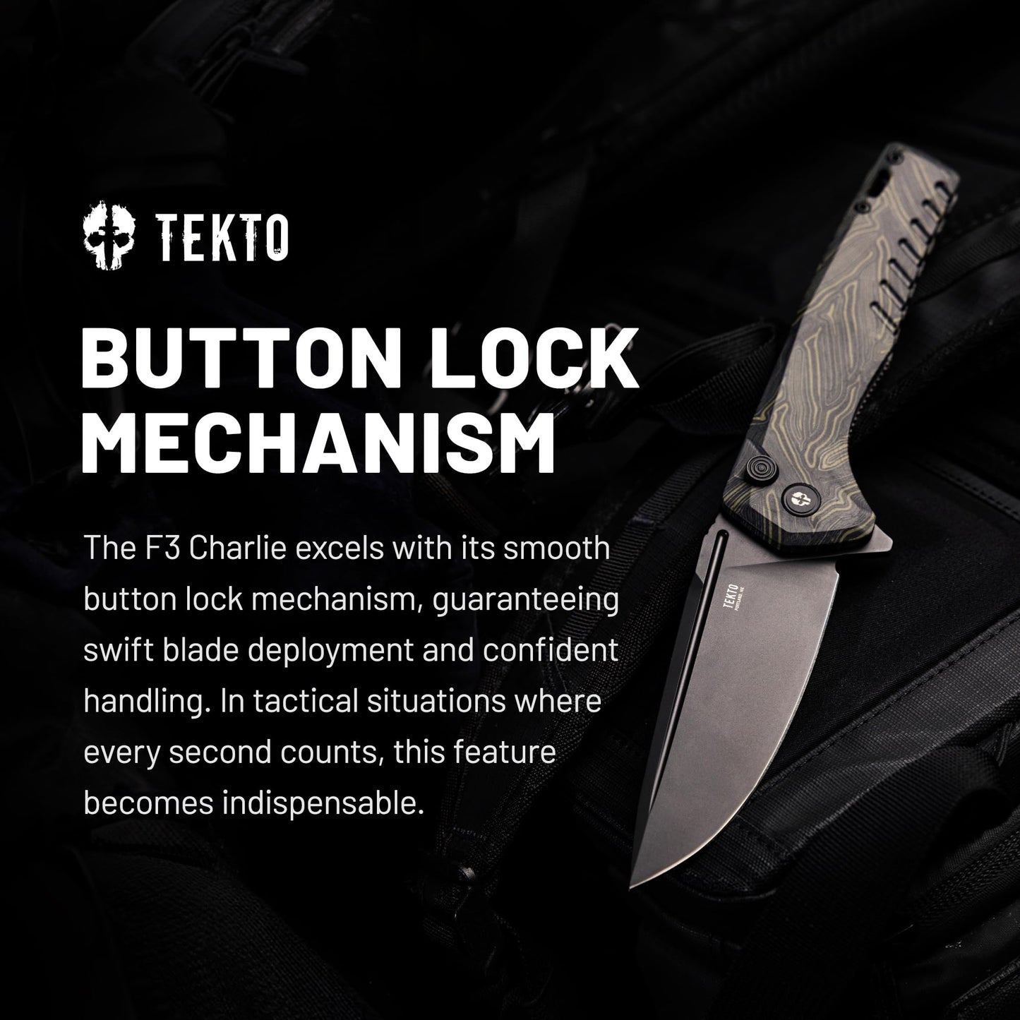 TEKTO F3 Charlie Button Lock Folding Knife, Oversized Fine Edge Blade, Tactical Damascus G10 Handle - Easy Open Pocket Knife with Titanium Coated D2 Steel & Black Titanium Barrel Spacers