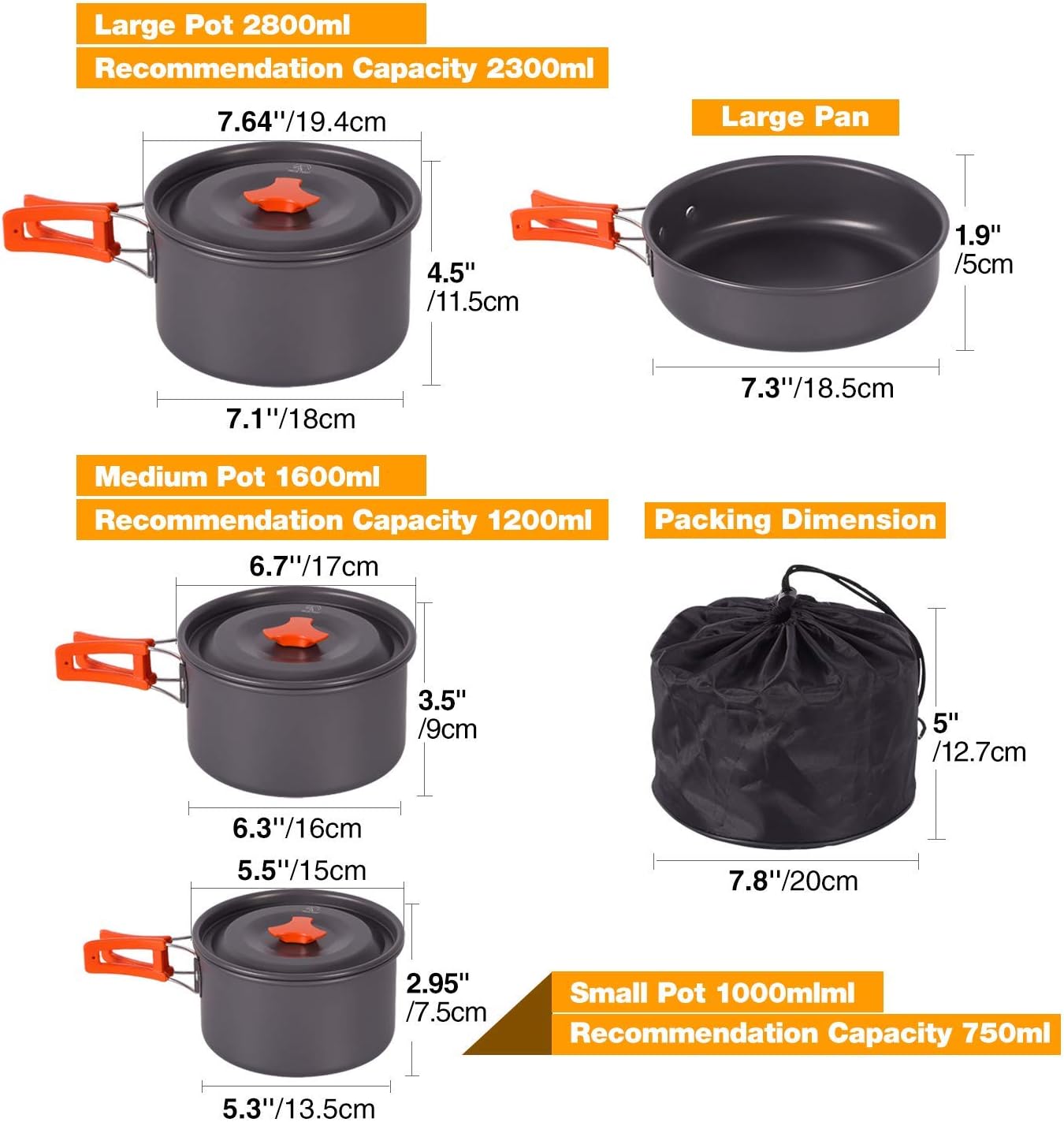 REDCAMP 6/10/11/12/14/15/19 PCS Camping Cookware Mess Kit Camping Gear Campfire Utensils Lightweight Stackable Pot Pan Bowls Soup Spoon with Storage Bag for Camping, Backpacking, Outdoor Cooking