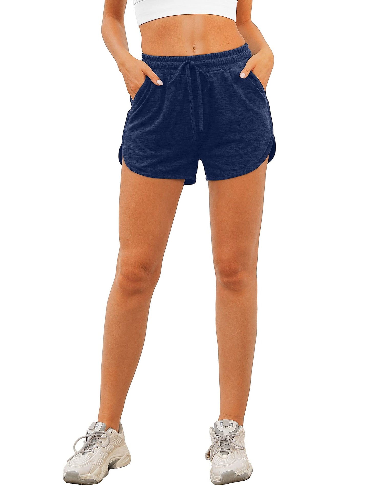 Aloodor Athletic Shorts for Women Hiking Sweat Shorts with Prockets Navy Blue M