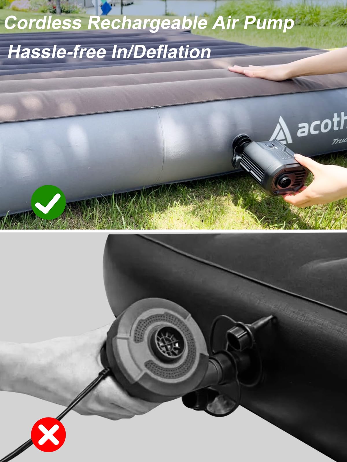 ACOTHOT Truck Bed Air Mattress with Cordless Rechargeable Air Pump, Peachskin Fabric Truck Bed Mattress with 2 Pillows Fits 5.5-5.8ft Short Beds | 9.5" Height Mattress Perfect for Outdoor Camping
