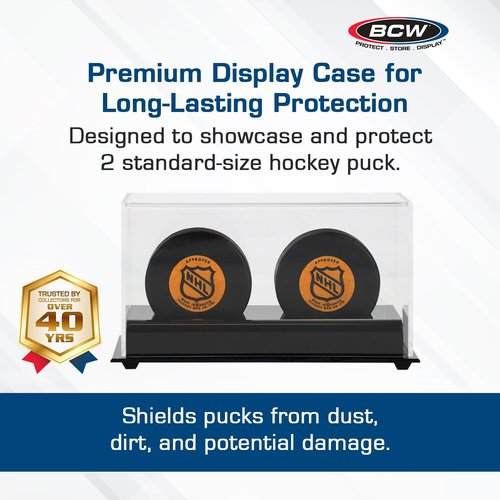 BCW Acrylic Hockey Puck Display Case - 2 Pack | Deluxe Puck Holder with Black Base & Clear Cover | Perfect for Regulation-Sized Hockey Pucks | High Clarity Acrylic