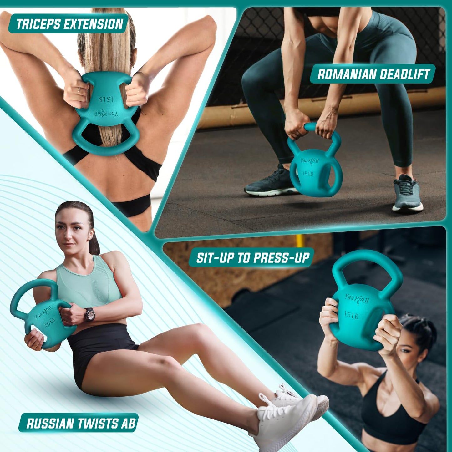 Yes4All Kettlebell 10&15lb Weight with Wide Multigrip Handle for Dumbbell Weights Exercises, Full Body Workout Equipment - 15lbs - Green