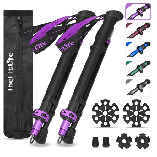 TheFitLife Collapsible Trekking Poles for Hiking – Lightweight Folding Walking Sticks for Men and Women with Extra-Long Foam Handle and Metal Flip Lock (Purle, 100-120cm for 4'11''-5'7'' Height)
