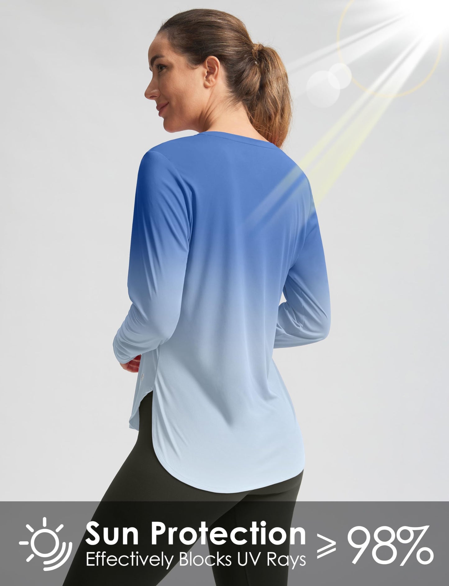 Women's Sun Shirts UPF 50+ Long Sleeve UV Protection Shirt Lightweight Quick Dry Workout Hiking Tops for Women(Blue/White Gradient,XL)