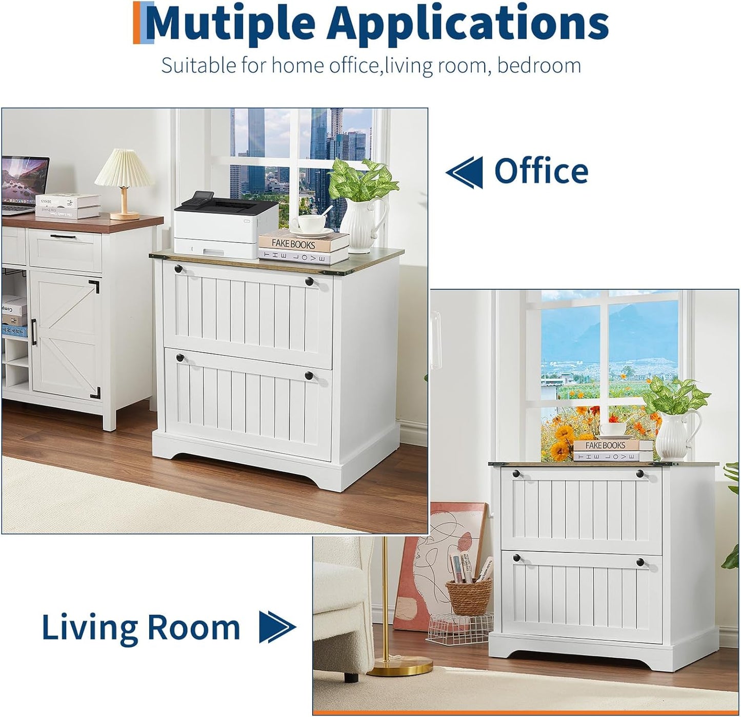 Farmhouse File Cabinets with 2 Drawers,30" File Cabinets with Hanging File Folders for A4/Letter/Legal Size Documents, Rustic Storage Cabinet Storage Printer Stand for Home Office, Living Room White
