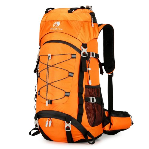 Outplea 60L Waterproof Backpacking Hiking Backpack with Rain Cover for Women, Large Camping Backpack, Orange