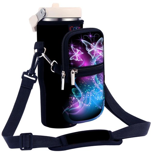 icolor Water Bottle Carrier Bag for Stanley IceFlow Flip Straw Tumbler 20oz Stanley IceFlow Mug Carrying Holder Neoprene Sleeve Stanley Cup Accessories Pouch Crossbody Sling for Travel Fitness