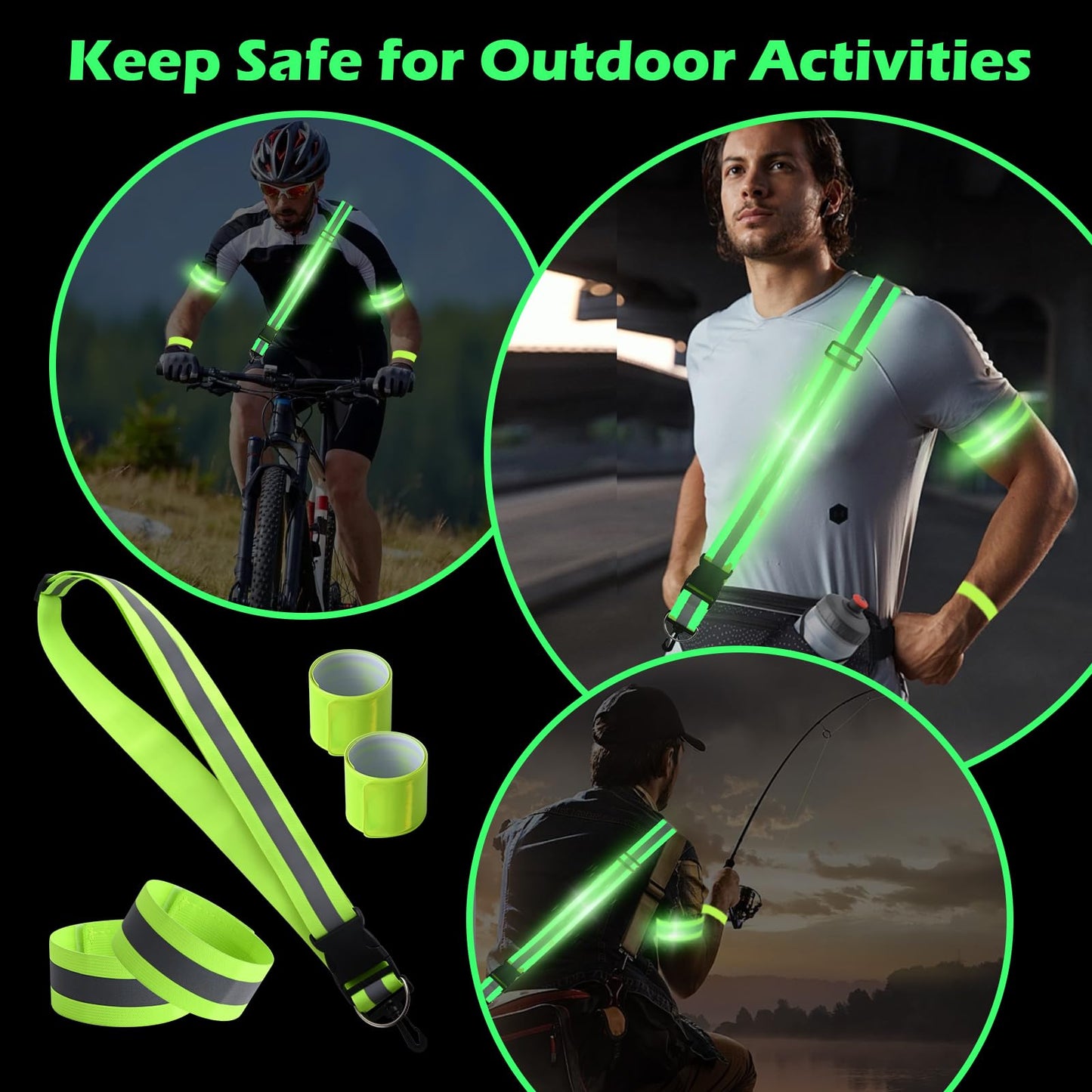 Jaxbo 5 Pcs Reflective Running Gear, High Visibility Reflective Sash for Walking at Night，Reflective Vest with Reflective Armbands,Perfect for Men, Women and Kids Walking Running Cycling