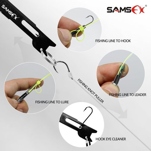 SAMSFX Fishing Stainless Steel Hook Tier, Knot Tying Tool, Loop Tyer, Hook Remover and Zinger Retractors Combo (Hook Tier with Black Grip)