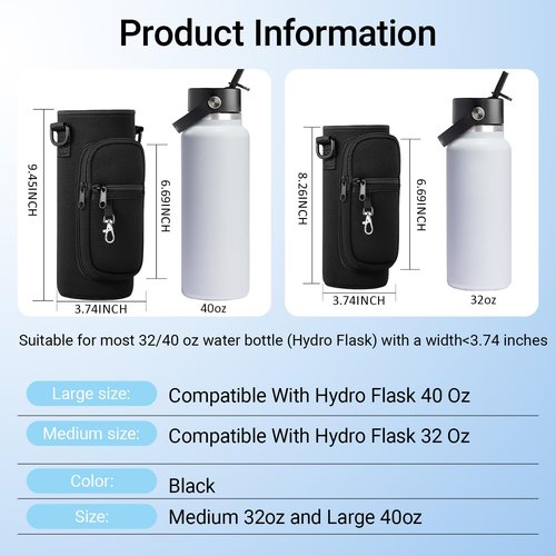 RRegeny Water Bottle Holder with Strap for Hydroflask 32oz 40oz, Carrier Sling Bag with Phone Pocket Sleeve for Men Women Hiking Camping Travelling（black24/32oz）