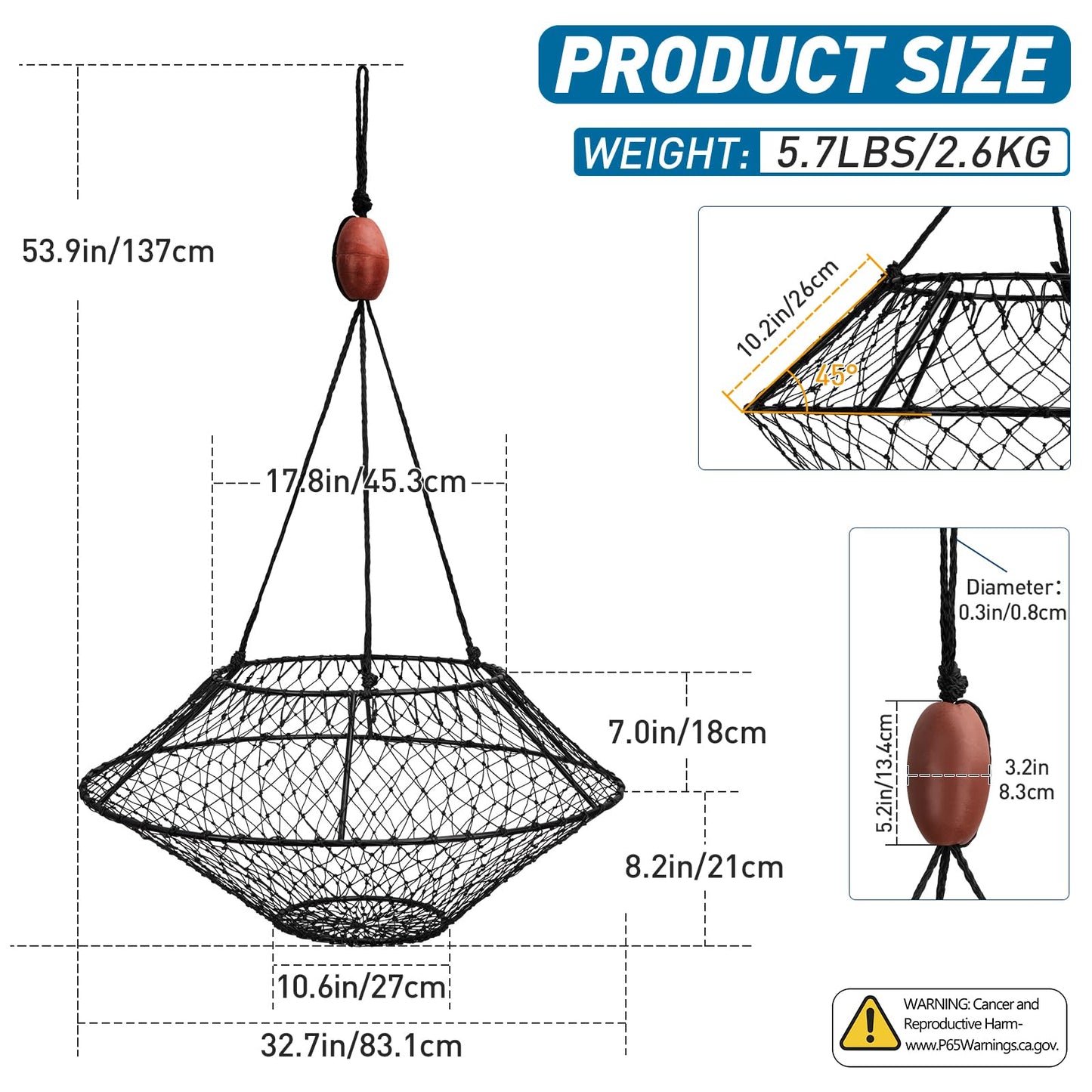 QualyQualy Crab Ring Trap Net, Ring Crab Kit Lobster Hoop, Portable Folded Crab Cage, Crabing Accessories with Bait, Heavy Crab Nets for Crabbing, 32" x16.5'', 2 Pack