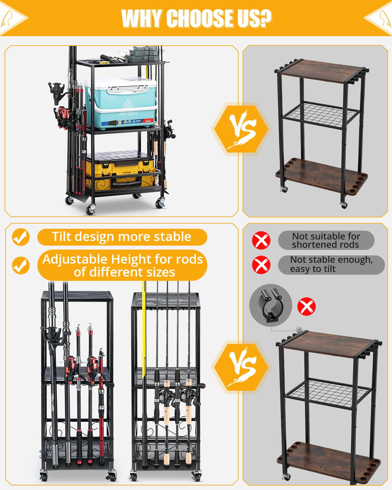 EXTCCT Fishing Rod Holder - Fishing Pole Rack for 10 Rods - Adjustable Height Fishing Gear Equipment Organizer Storage Solution for Garage Basement or Indoor