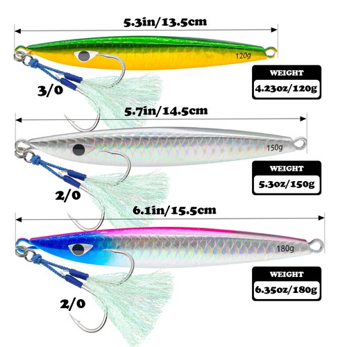 FREGITO Fishing Jigs Vertical Saltwater Jigs Vertical Jigging Spoon Fishing Tuna Lures Boat Fishing Artificial Lures for Tuna, Grouper, Dogtooth, Snapper, Bass, Salmon 3pcs-(120g/150g/180g)