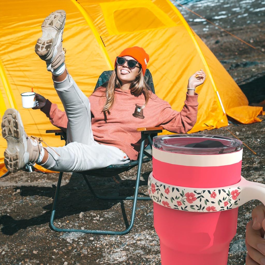 HOUSYLOVE for YETI Handle 30 oz Tumbler, Compatible for YETI 30 oz Tumbler Handle & YETI Cup Holder, Handle for YETI 30 oz Tumbler with Anti-Scratch Pink Floral Design for Girls Woman, White, 1 Pack