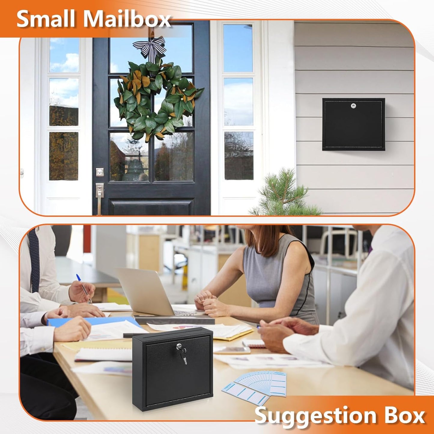 KYODOLED Suggestion Box with Lock and Slot, Small Locking Mailbox for Office, Wall Mount Safe Money/Key Drop Box with 50 Free Suggestion Cards, 9.8" W x 3" D x 7" H, Black