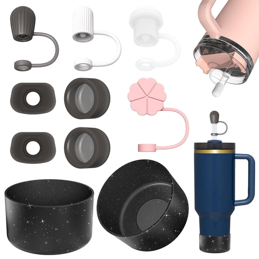 Alwenid Silicone Spill Proof Stopper Set and Protective Boot for Stanley 40oz 30oz Tumbler, Leak Proof Straws Topper, Cover Cap and Anti Slip Bottle Bottom Boot Sleeve for Stanley Mug Cup
