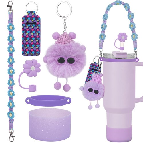 Xyntara Purple Accessories for Stanley Cup 40&30oz Tumbler with Handle,Including Straw Topper,Water Bottle Handle Strap,Chapstick Holder, Boot, Keychain Charms for Stanley Cups(Purple)