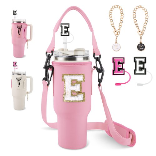 Personalized Initial A-Z Water Bottle Holder Bag for Stanley 40oz Tumbler, Initial Water Bottle Carrier Bag with Strap, 2 Straw Cover Cap &2 Letter Chains for Stanley Cup Accessories(Pink-White E)