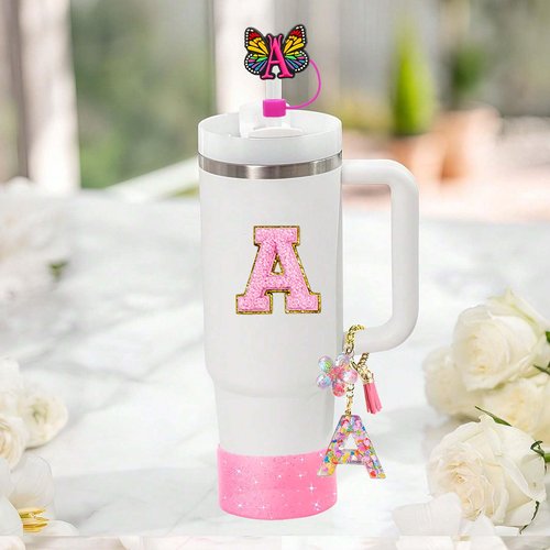 Stanley Cup Accessories Set of 6 PCS, Pink Glitter Letter Theme with Keychain, Butterfly Straw Topper, Silicone Boot, Patch & Cup Decor Kit,Water Bottle Carrier Set (Tumbler Not Included)