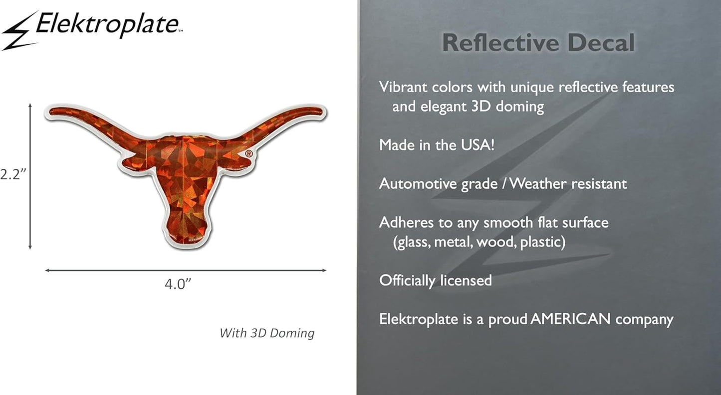 Elektroplate Officially Licensed Texas Longhorn UT Orange Reflective Decal | Premium 3D Doming All Weather Sticker for Car, Water Bottle, Laptop, Tablet, Window, Cooler, Phone | Made in The USA
