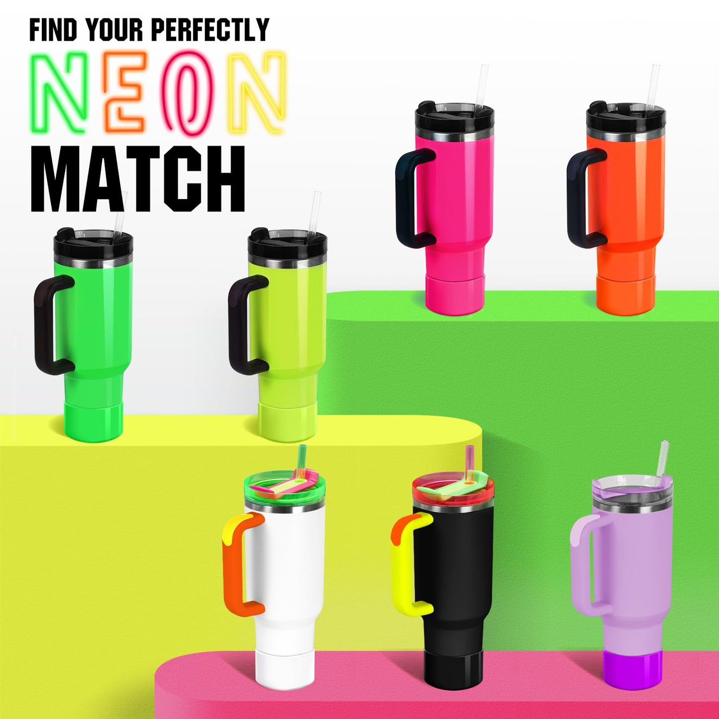 2Pcs Neon Silicone Boot Compatible with Stanley Cup 20-40oz, Hydro Flask 12-24oz & Simple Modern 20-40oz, Antislip Sleeve for More Tumbler & Water Bottle of 2.8-2.95" Base, Electric Pink & Neon Black