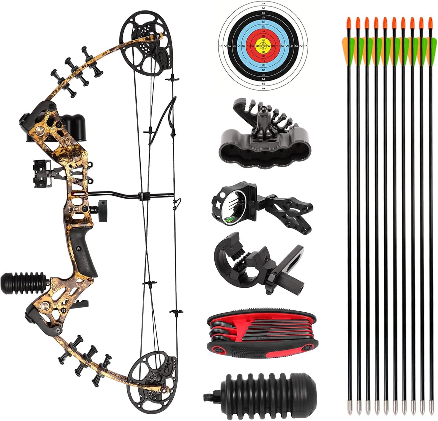 AKCHOER Compound Bow and Arrow Kit Youth Bow and Arrow Set, 15-45 Lbs Draw Weight, 18"-29" Draw Length, Right Handed Bow for Beginner, 320 Fps Hunting & Target Bow with All Accessories (Camo)