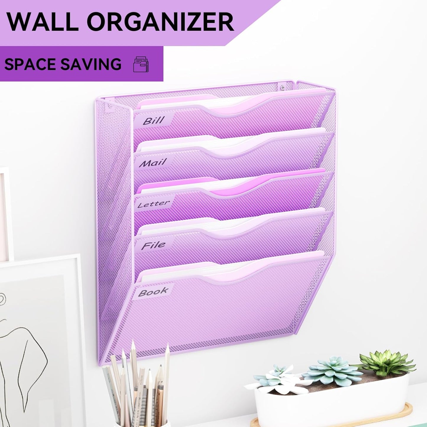 5 Pockets Mesh Hanging Wall File Holder Organizer Wall Mounted Paper Magazine Rack, Black