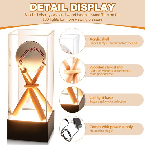 Menkxi Baseball Display Case with LED Light Base Stand Holder, Wooden Sticks, UV Protected Acrylic Clear Cube for Memorabilia Ball