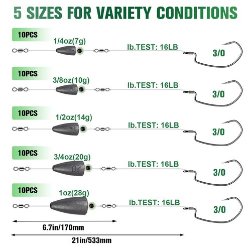 Dovesun 10PCS Ready Tied Carolina Rig Kit for Bass Fishing Catfish Rig Catfish Hook Kit with Bass Hooks Swivel, Fluorocarbon Line, Weights 1/2 OZ