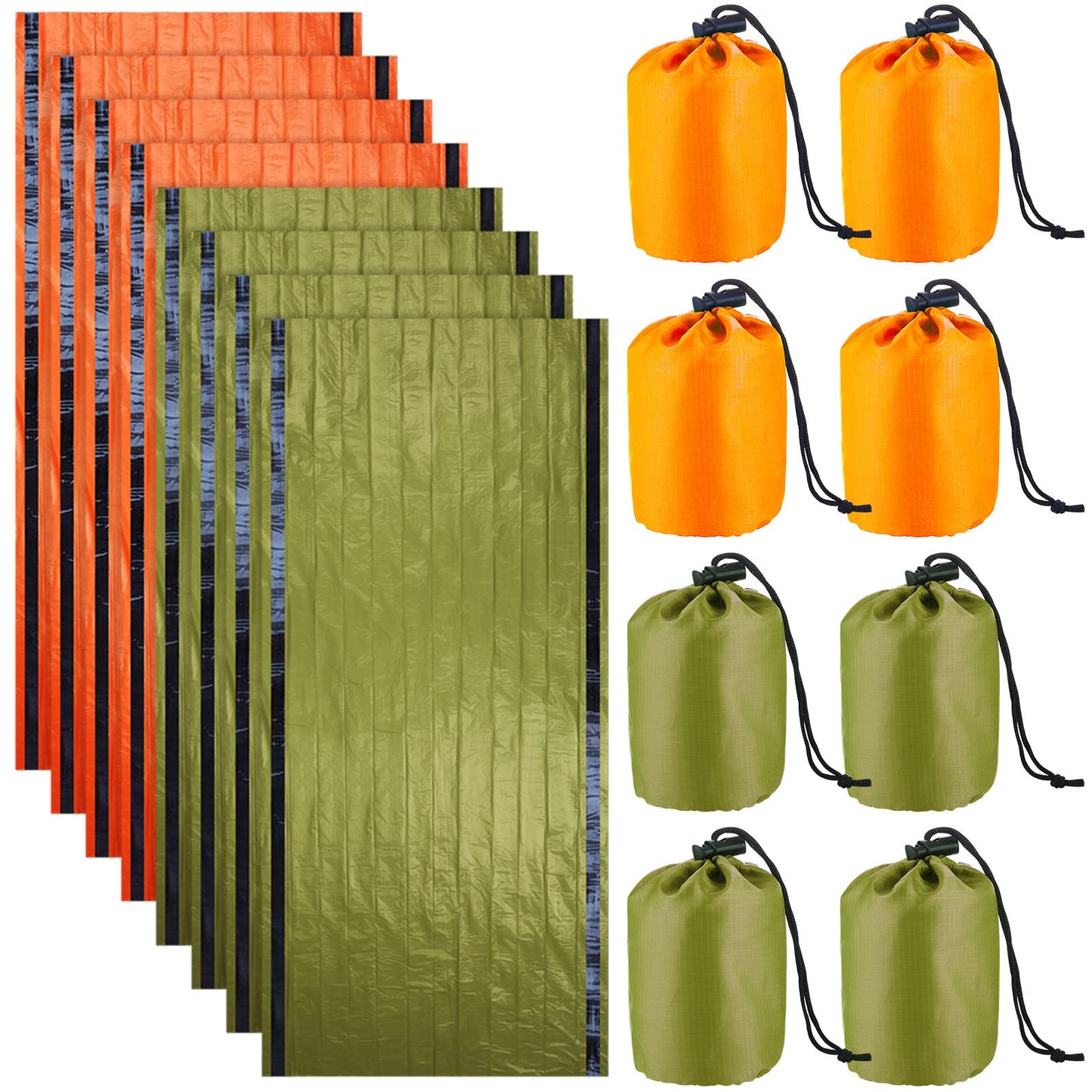 8 Pack Emergency Sleeping Bag Lightweight Thermal Survival Sleeping Bag Waterproof Emergency Blankets Portable Bivy Sack Survival Gear for Outdoor Camping Hiking Adventure, Green and Orange
