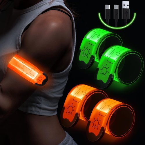 Simket Reflective LED Armband Rechargeable for Running(4 Pack), Running Lights for Runners, Running Lights, High Visibility Reflective Running Gear Adjustable Light Up Arm Bands for Men Women Kids