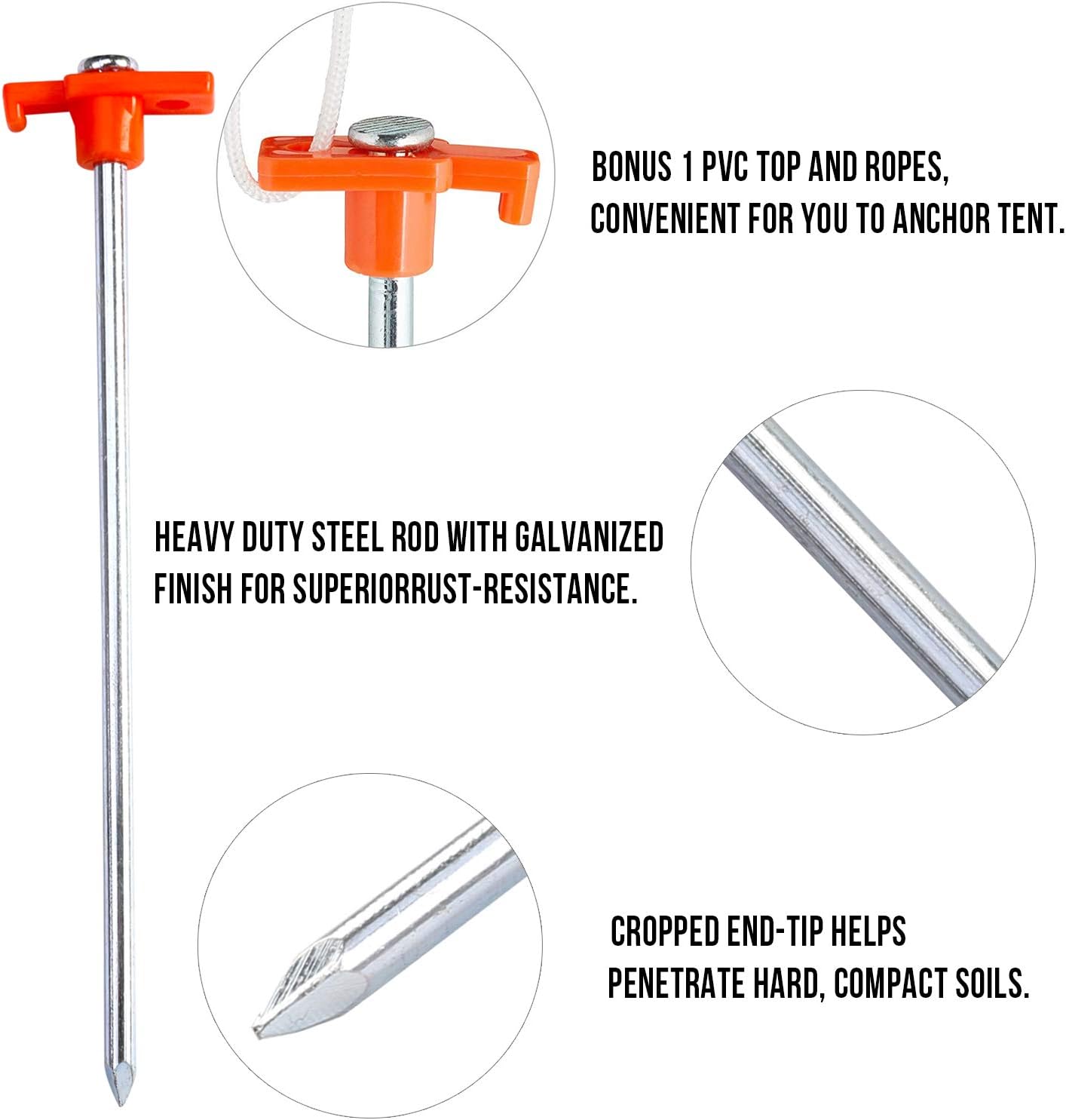ABCCANOPY 11 Inch Tent Stakes 10 Pcs Non-Rust Metal Ground Anchors, Heavy Duty Spikes with 4 Ropes for Outdoor Camping, Orange
