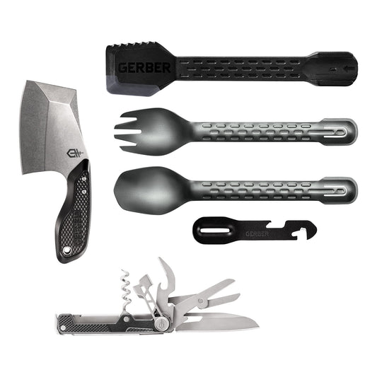 Gerber Gear Around Camp Kit - Includes Tri-Tip Mini Cleaver, Armbar Cork Multi-Tool & ComplEAT Multi-Tong - Premium Camping Equipment