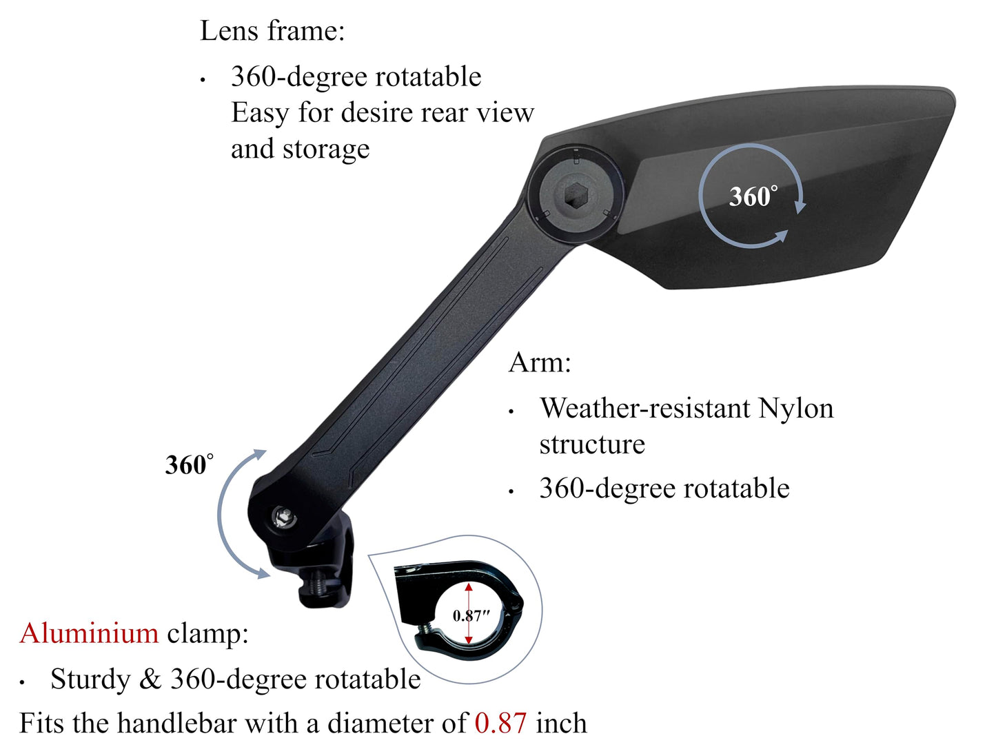Hong Ji Bike Handlebar-mounted Mirror, New type, Large FOV 2K HD High-Resolution, Anti-Glare, Shatter-Proof, Nylon Fiber Frame, Highly Adjustable, 22.2mm Handlebar Diameter fit(Left_Silver, EV016)