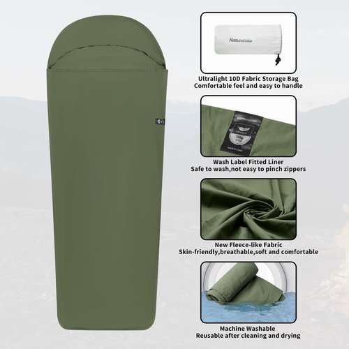 Naturehike 4.5oz Ultralight Washable Sleeping Bag Liner, Lightweight Adult Sleep Sack & Travel Sheets for Backpacking, Hotel, Camping, Hostels, ZY20 Green