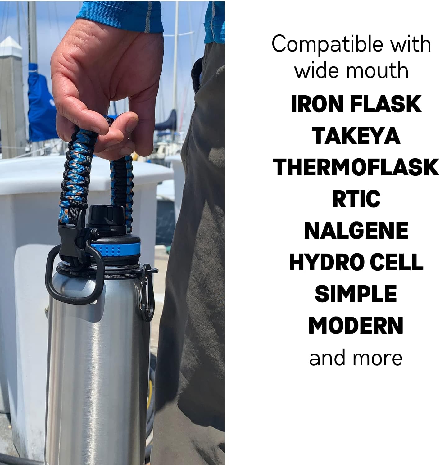 HydroCord Handle for Hydro Flask Wide Mouth Water Bottles, Hydroflask 1.0, Iron Flask, Thermoflask and Takeya Reusable Water Bottles, Paracord Survival Strap