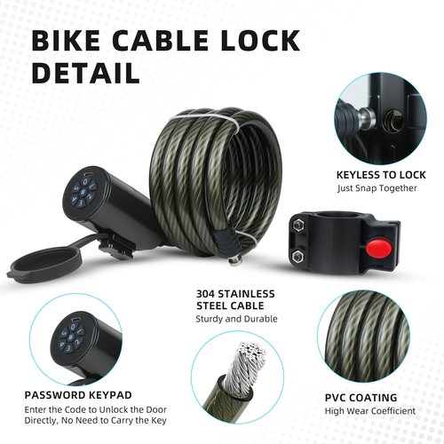 KENRONE Bike Lock,Keyless Anti-Theft Bicycle Cable Lock with 59 inches Waterproof Cable and Mounting Bracket (Combination)