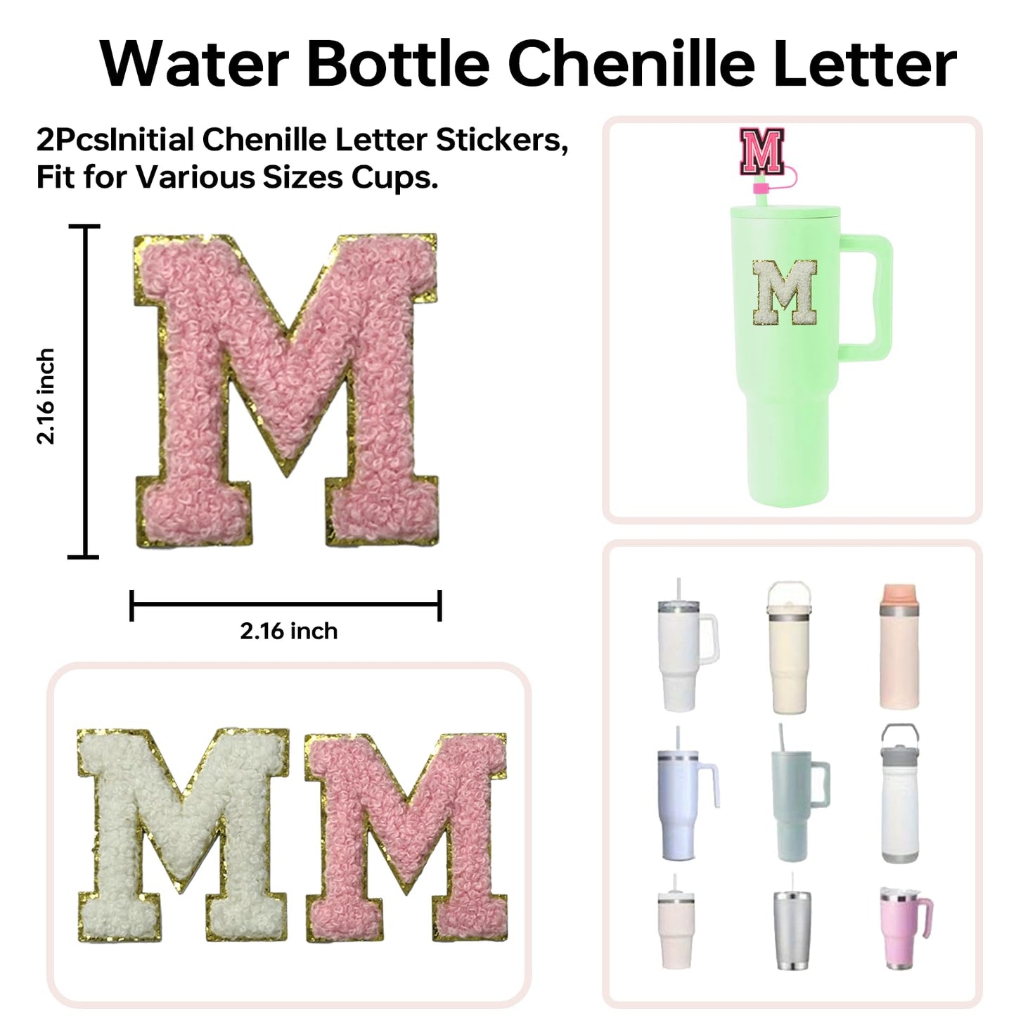 6PCS Stanley Cup Letter Charm Accessories, Silicone Straw Cover Cap Toppers, Adhesive Chenille Letters Patch Sticker, Initial Letter Hydro Charms for Stanley 30 40 Oz Tumblers Handle Decor M