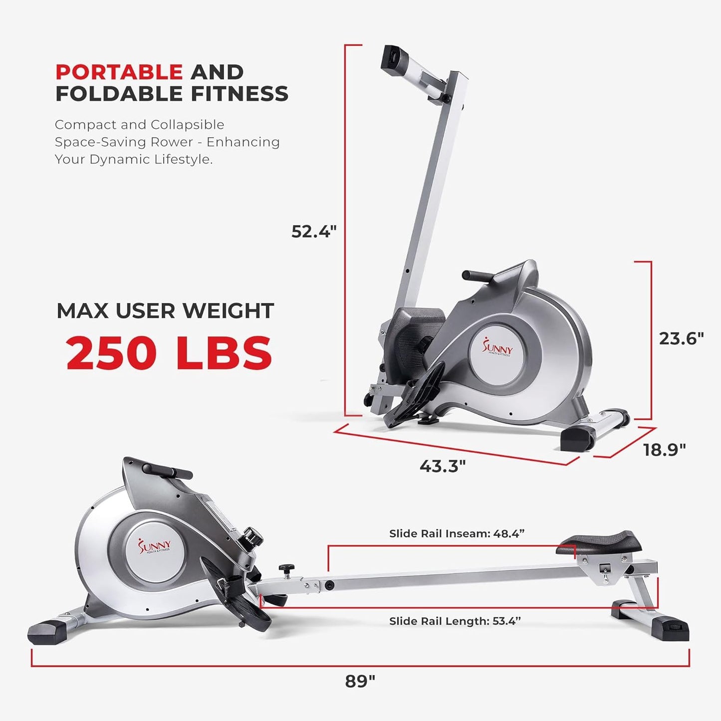 Sunny Health & Fitness Foldable Rowing Machine for Home - Full-Body Low-Impact Workout, Quiet Operation & Free SunnyFit App