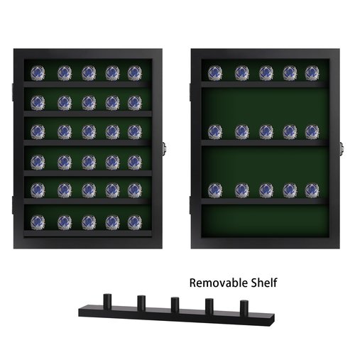 Grintus Ring Display Case - 30 Posts Baseball, Wooden Shadow Box, Lockable Door, Multiple Sports Rings, Black
