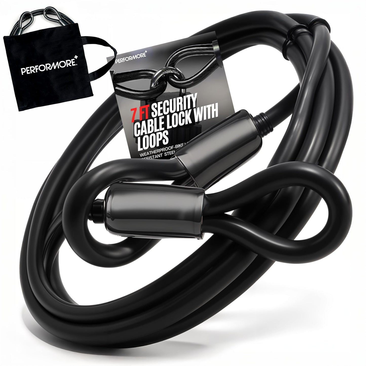 Performore Heavy-Duty Security Cable with Looped Ends 7-Foot Black Steel Cable 1/2-Inch Thick PVC-Coated Anti-Theft Locking Cord Weatherproof Design with Waterproof Storage Bag