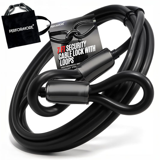 Performore Heavy-Duty Security Cable with Looped Ends 7-Foot Black Steel Cable 1/2-Inch Thick PVC-Coated Anti-Theft Locking Cord Weatherproof Design with Waterproof Storage Bag