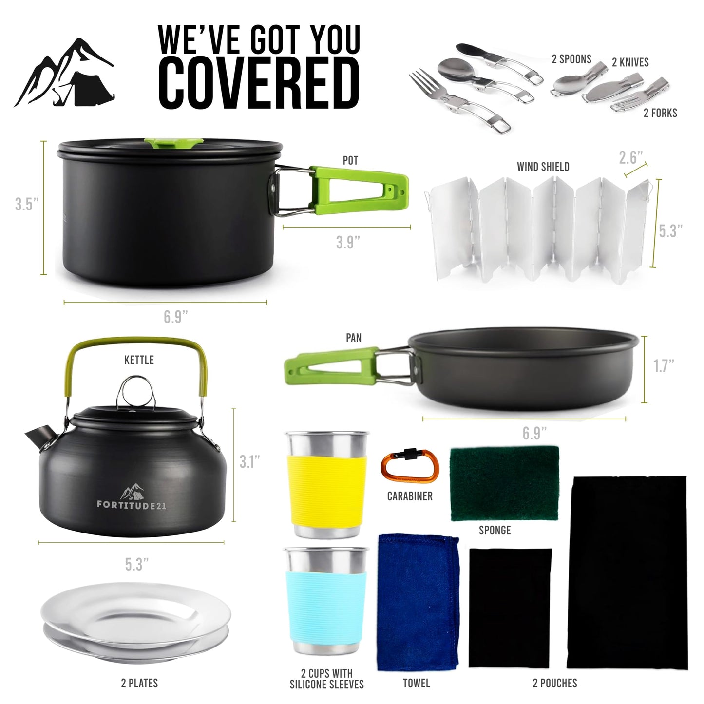 Fortitude21 Camping Cookware Set - 19-Piece Lightweight Backpacking Cookware with Pots, Pans, Utensils - Compact Outdoor Cooking Kit for Camping, Hiking, Backpacking & Survival