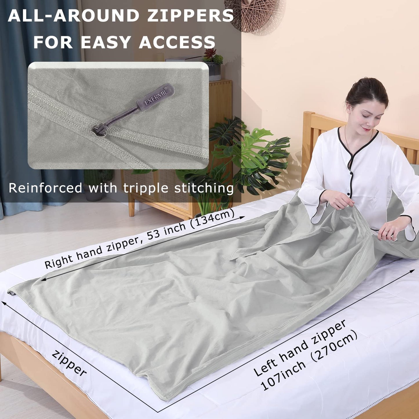 EXERMIL 100% Cotton Sleeping Bag Liner with Full Length Zipper on 3 Sides; Single/Double Adult Sleep Sack for Travel & Camping, Multifunctional Travel Sheets (Unzipped 87”x87”) for Hotel, Lightweight
