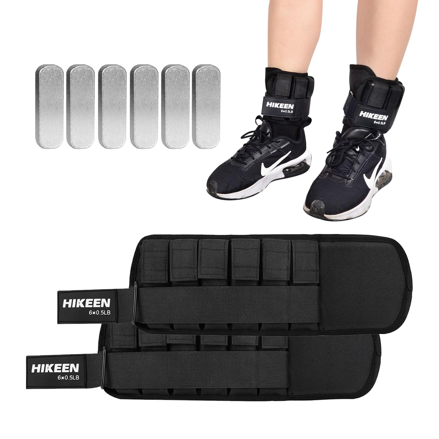 Hikeen Ankle Weights for Women Men 1 pair Adjustable Ankle Weights 1 2 3 LBS Metal Block with Separate Pockets Leg and Hand Weights For Walking Running Exercises