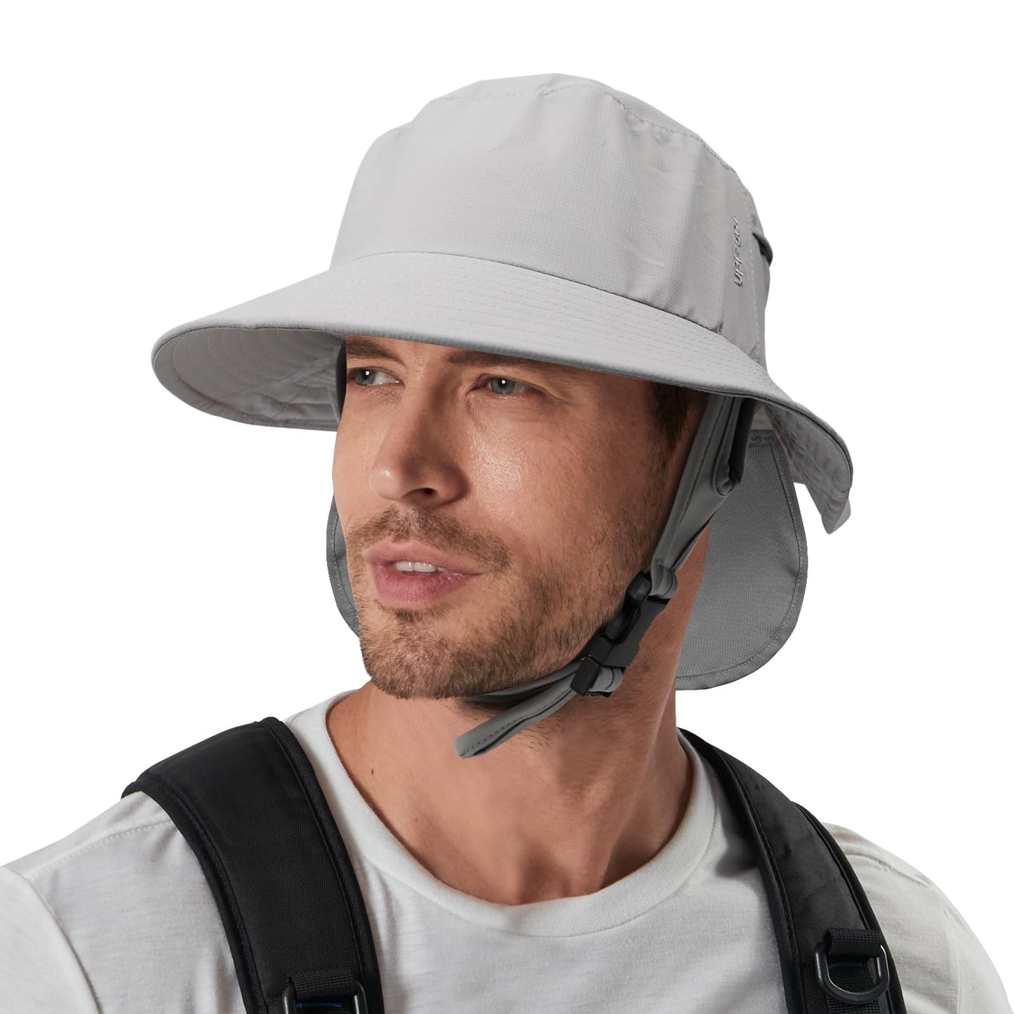 JOYART Surf Hat Bucket Beach Sun Hats with Chin Straps for Surfing,Boating,Riding,Fishing,Hiking,Watersports Men and Women,7cm Wide Stiff Brim-Gray