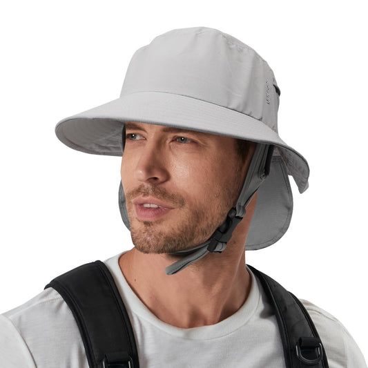 JOYART Surf Hat Bucket Beach Sun Hats with Chin Straps for Surfing,Boating,Riding,Fishing,Hiking,Watersports Men and Women,7cm Wide Stiff Brim-Gray