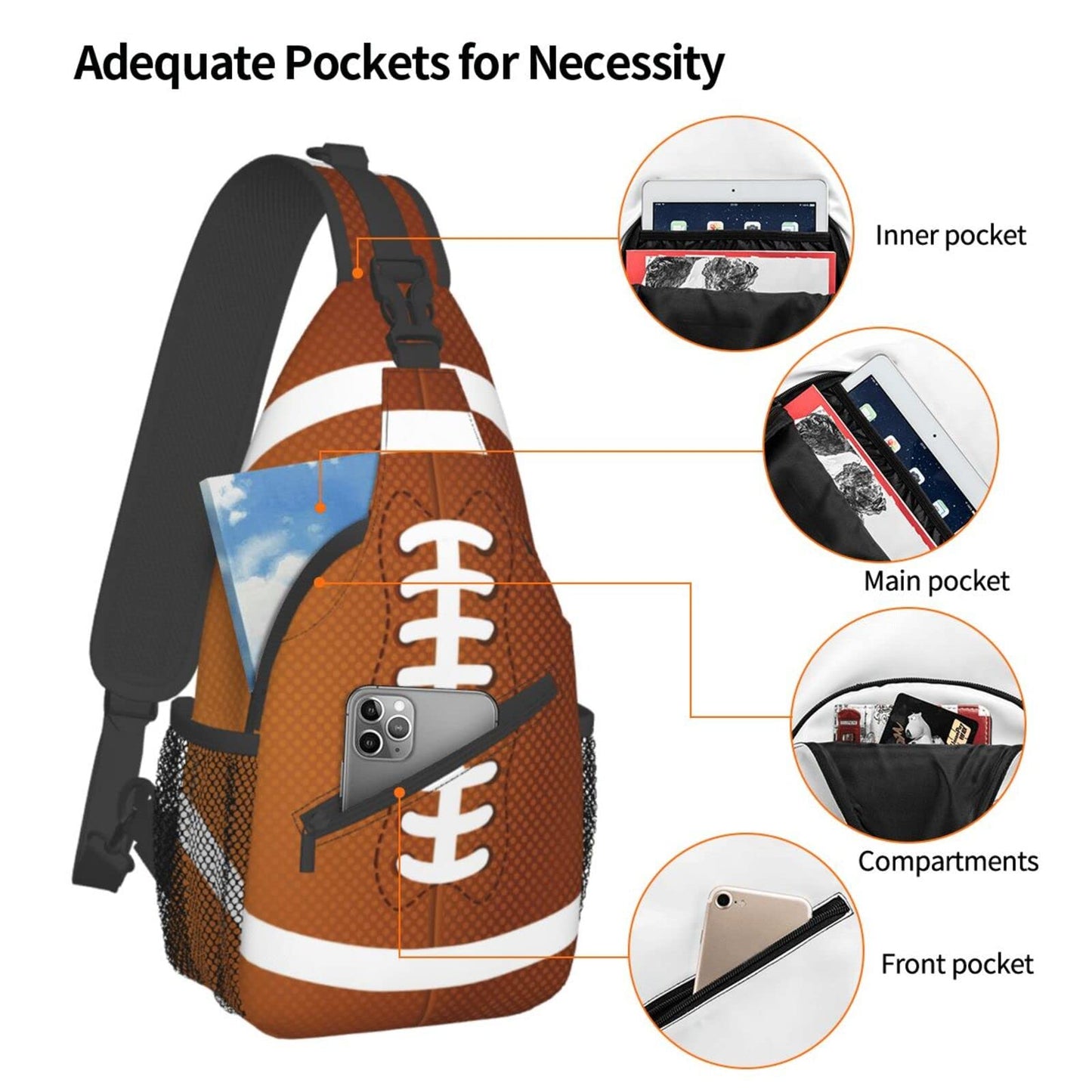 SURERUIM Football Print Sling Bag for Women Men Crossbody Shoulder Backpack American Football Rugby Ball Pattern Chest Bags Sports Ball Team Gym Bag Travel Hiking Sports Bag Casual Daypack