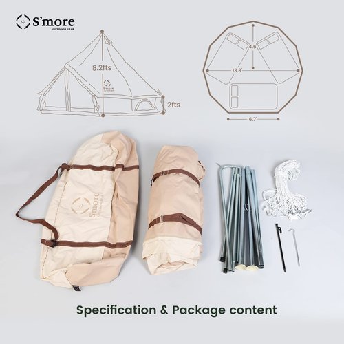 S'more Bello Bell Camping Tent, 4 Season Luxury Outdoor Camping and Glamping Tent for 4-6 Adults, Breathable Waterproof Yurt Tent Polyester Cotton Cloth Reserved Stove Jack, with Carry Bag